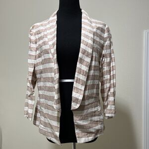 Ann Taylor Loft Top White Tan Stripe LINEN Blend Open Front Beachy Casual Sz 4